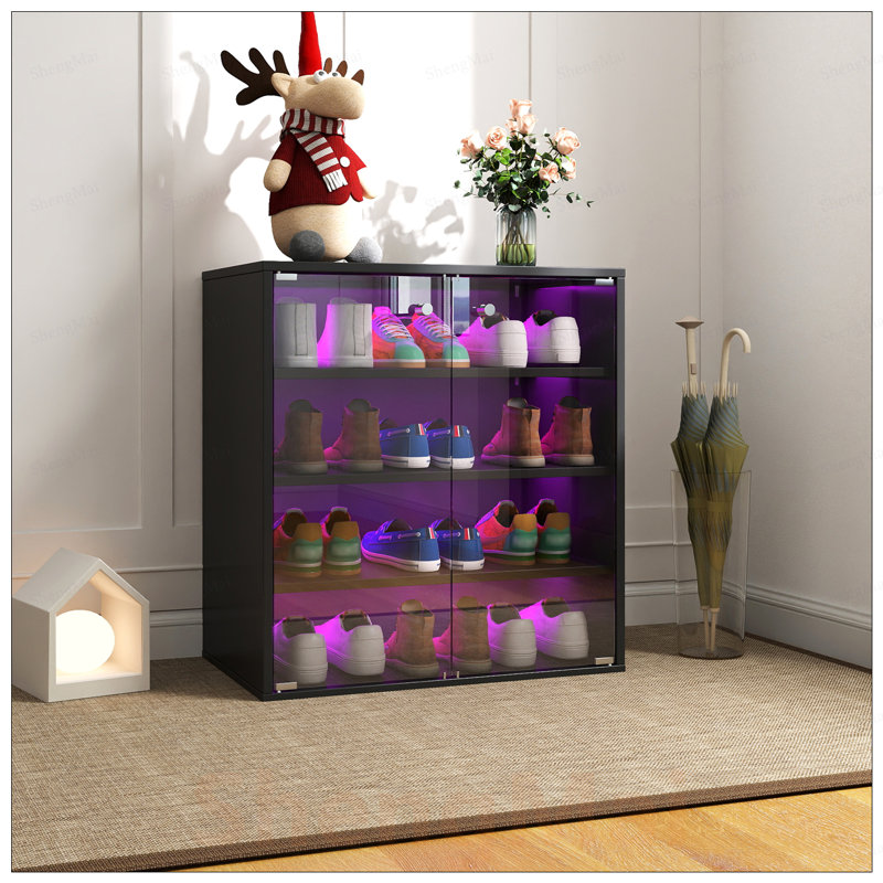 Boîte à chaussures empilable en bois avec DEL RVB et porte en verre trempé, idéale pour exposer et ranger les chaussures