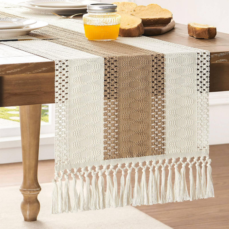 Macrame Style Bicolor Stitching Table Runner, 14 X 72 Inch Brown/Ivory, Boho Neutral Table Runners 72 Inches Long, Farmhouse Woven Home Decor