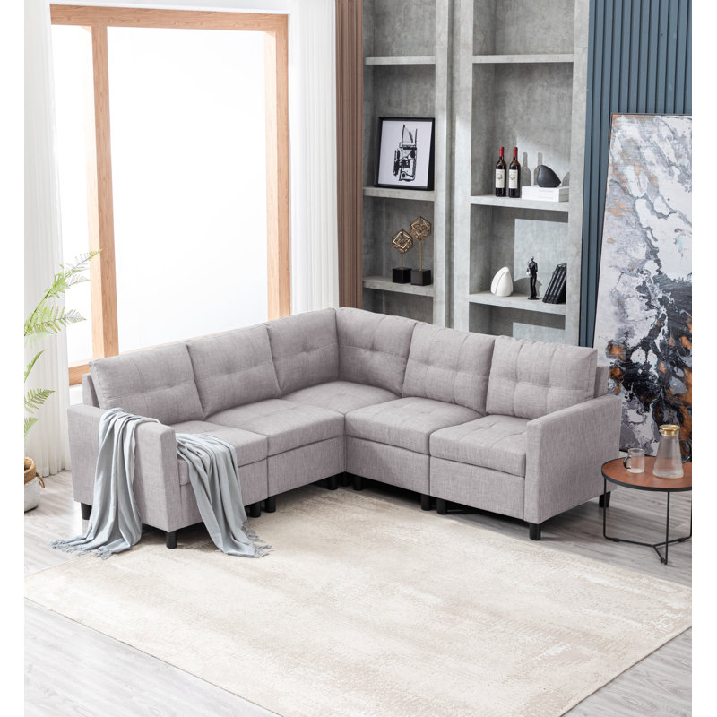 Canapé modulaire de coin rembourré Kentrell pour petit espace de vie, Lin gris pâle