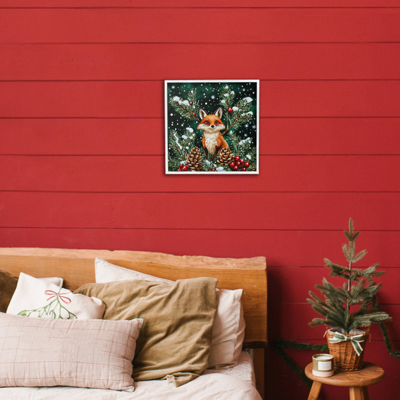 Giclée encadrée de renard d'hiver et de pommes de pin, design par Yen, H 12 po x l 12 po