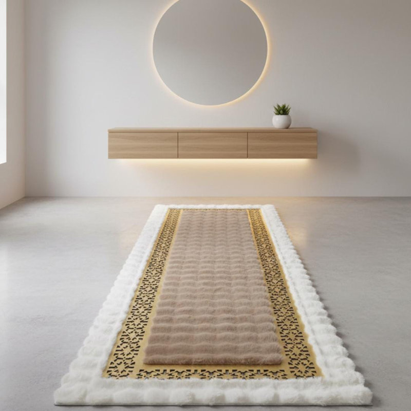 White And Brown Plush Runner, Gold Border Hallway Rug,, Rectangle 9' x 12'