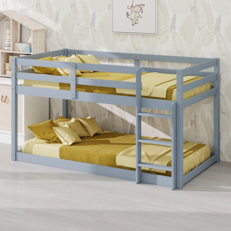 Solid Rubber Wooden Low Floor Platform Bed With Ladder And Full Length Guardrail, Gray