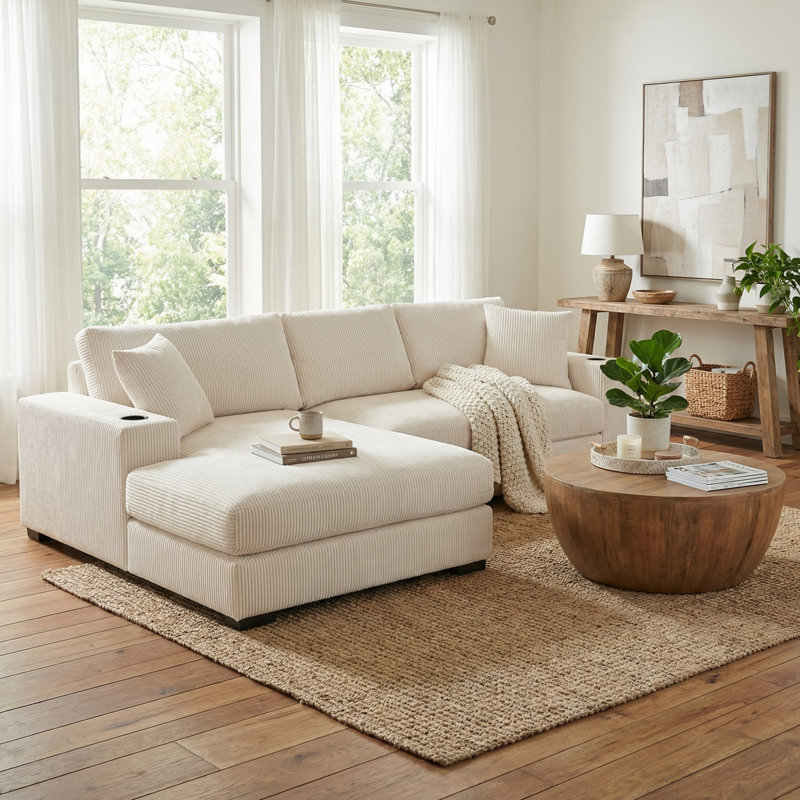 Canapé modulaire de 111,52 po faisant face à la gauche avec méridienne, Velours côtelé beige