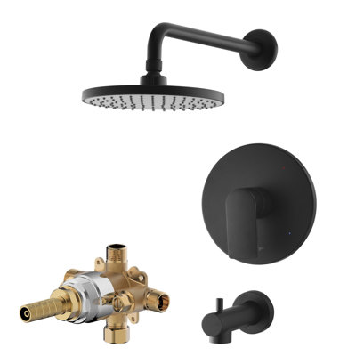 Wedge Collection Shower System: 8" Round Shower Head, Single Handle Set, Tub Spout, & Rough-in Valve Included - Matte Black