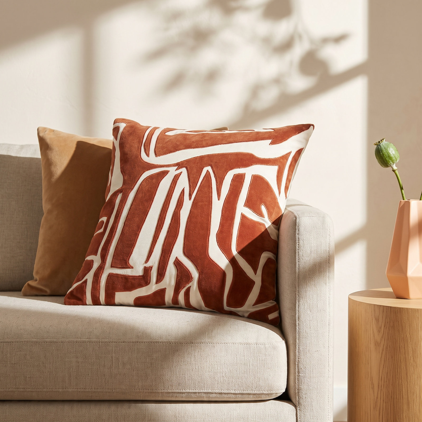 Haslet 20" x 20" Cotton Throw Pillow, Ivory/Terracotta