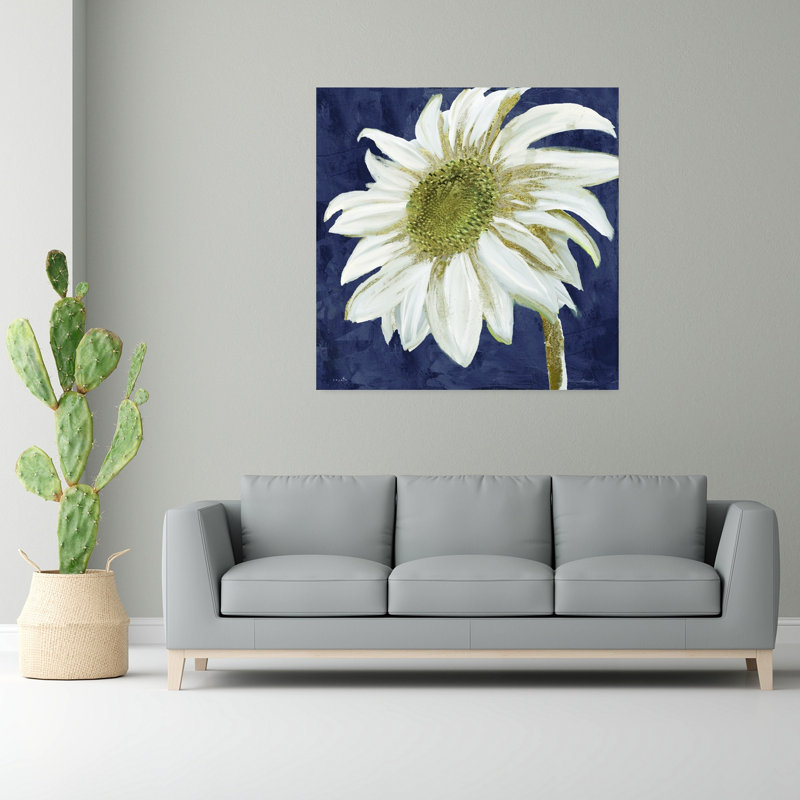 Tournesol sur bleu marine II, art contemporain de fleur de tournesol, H 48 po x l 48 po