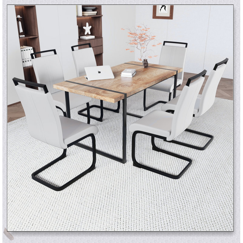Ensemble de table de salle à manger rectangulaire avec plateau en bois aggloméré et pieds en métal noir, 6 pièces, Blanc