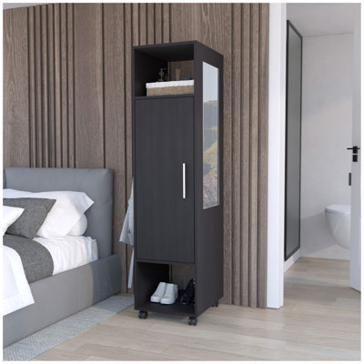 Cluster 63" Tall Wardrove One-Door Cabinet with Mirror, Three Shelves, Casters and Hanging Rod, Armoire, Bedroom Clothes Storage, Cabinet Organizer B