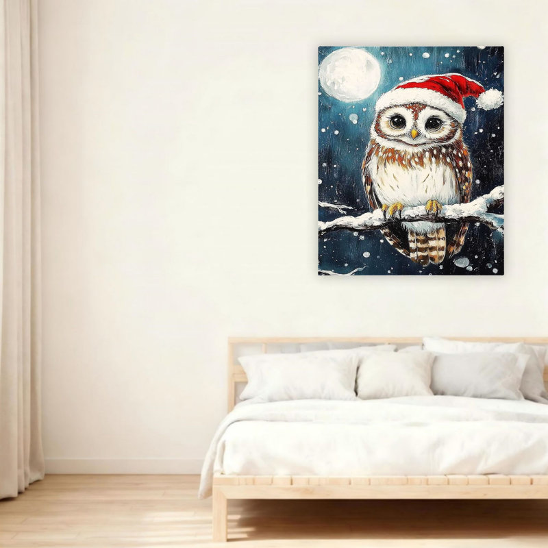 Chouette avec chapeau de père Noël, art mural 24 po x 36 po
