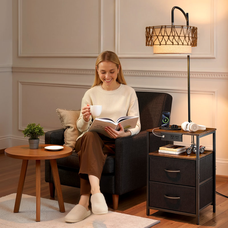 Floor Lamp with Table, 2-Tier End Table with 2 Drawers and 3 Color Temperature LED Bulb, Modern Side Nightstand Bedside Desk with USB & Type C & AC Charging Port for Living Room, Bedroom, Dorm