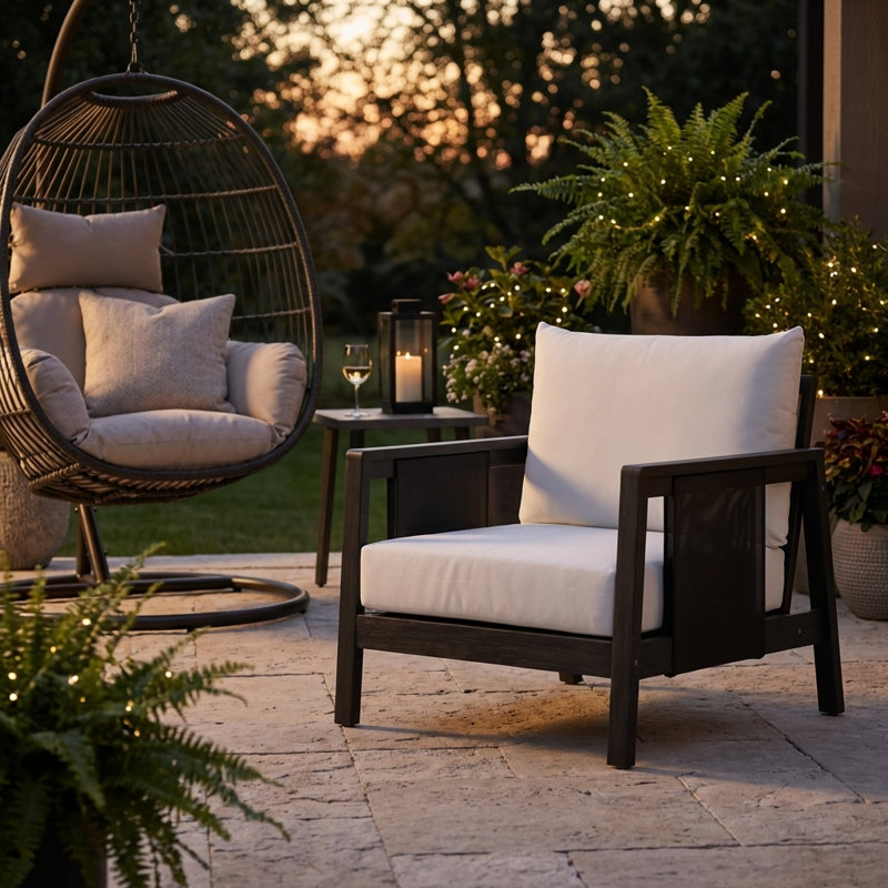 Fauteuil club d'extérieur durable toutes saisons avec structure en bois franc robuste, accents en filet respirant et coussins moelleux hydrofuges