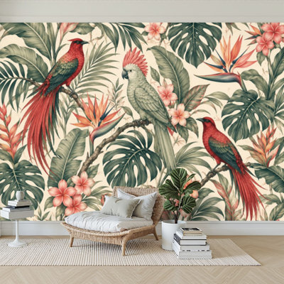 Papier peint adhésif peler et coller feuilles tropicales fleurs de frangipanier paradis perroquet abstrait papier autocollant amovible pour décoration murale de salon H 100 po x l 144 po