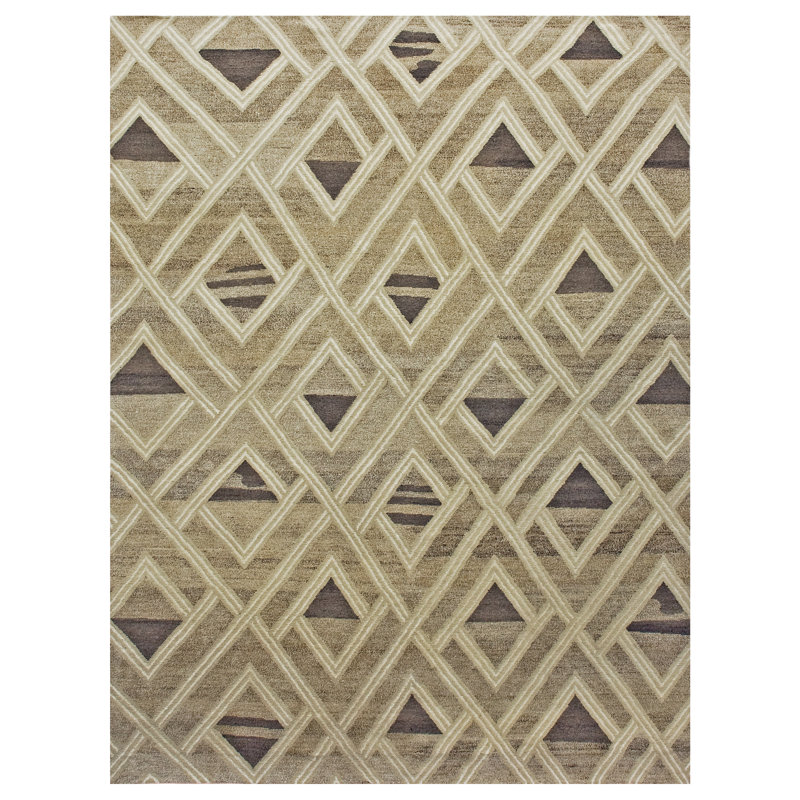 Tapis rectangulaire en lin noué à la main ivoire / brun / beige, Rectangle 6 pi x 9 pi