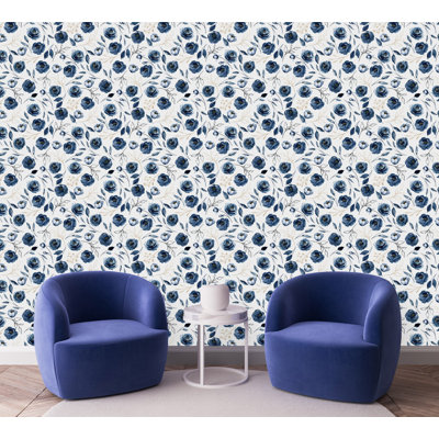 Dark Blue Flowers 18.75' L x 25"" W Smooth Peel and Stick Wallpaper Panel -  Red Barrel Studio®, A46A02594D054DAEB3D59A5B583DE3E7