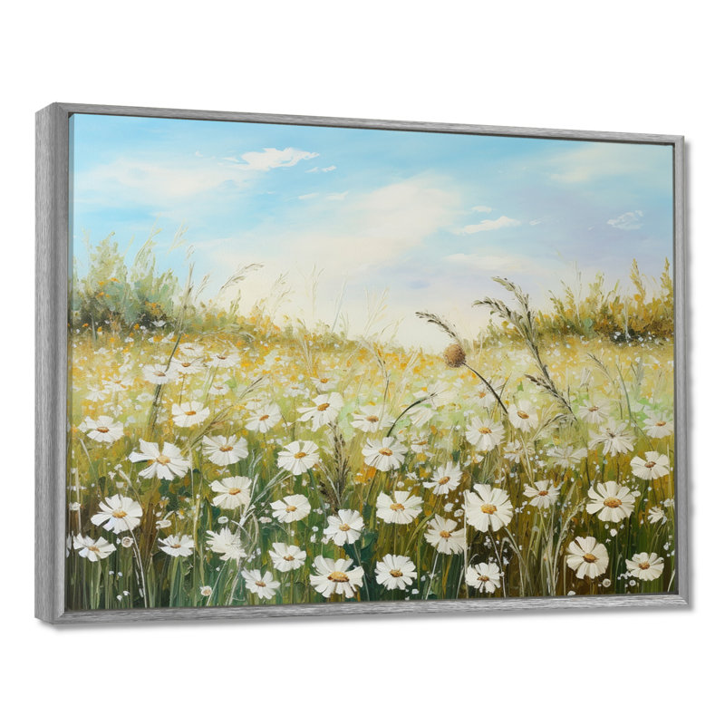 Champ de fleurs marguerites au soleil, H 30 po x l 40 po x P 1,5 po, Encadrement argenté