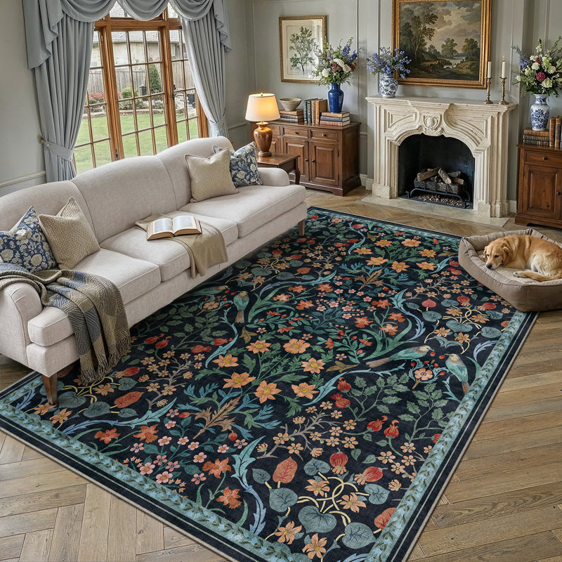 Tapis floral lavable en machine avec envers antidérapant Guston, Blue, 0.35", Rectangle 9 pi x 12 pi