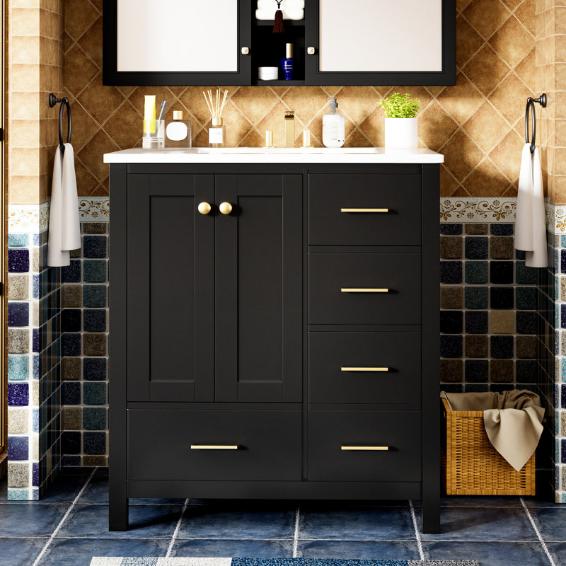 Meuble-lavabo de 30 po avec lavabo en céramique et 4 charnières à 4 tiroirs. Rangement spacieux. Design moderne. Lavabo facile à assembler. Fabrication. Portes à fermeture en douceur. Motif de rainure généreux.