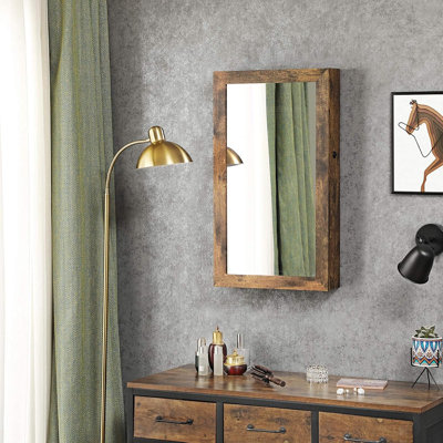 Armoire à bijoux verrouillable munie d'un miroir, armoire de rangement et d'organisation de bijoux murale peu encombrante, couleur brun rétro