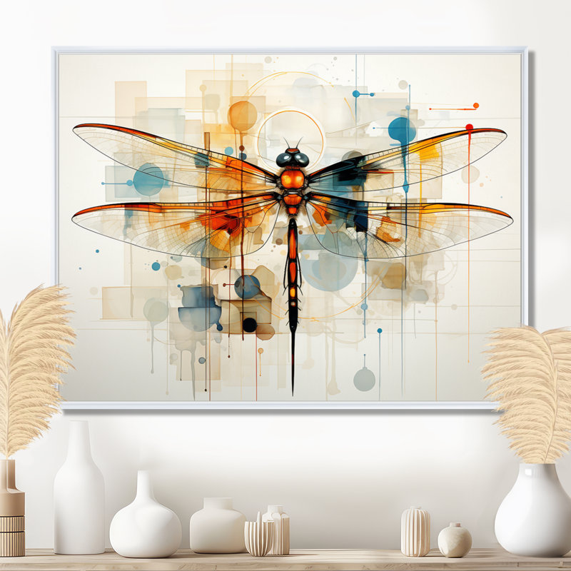 Libellule en teck vol éthéré géométrique - Libellule, art mural, H 30 po x l 40 po x P 1,5 po, White Floater Framed