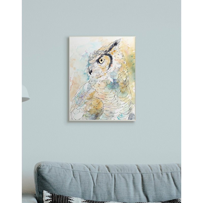 Chouette, œil de côté, aquarelle, H 15 po x l 10 po, Plaque murale