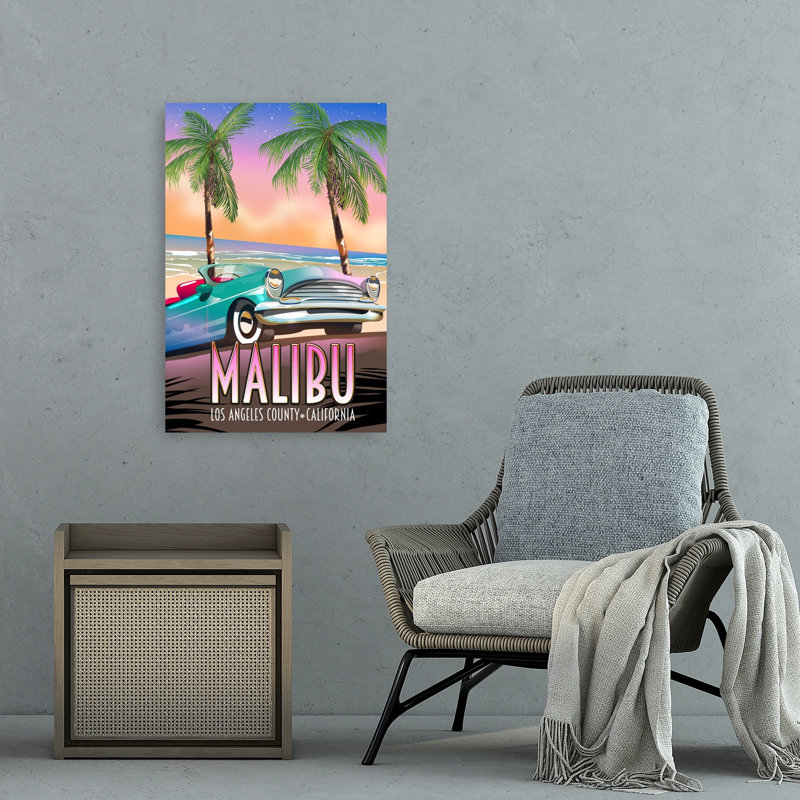 Malibu Vintage Car Sunset Classic Dreamy Retro Palm Tree Beach Ocean Wall Art Print 1 Piece Wrapped Canvas Wall Art