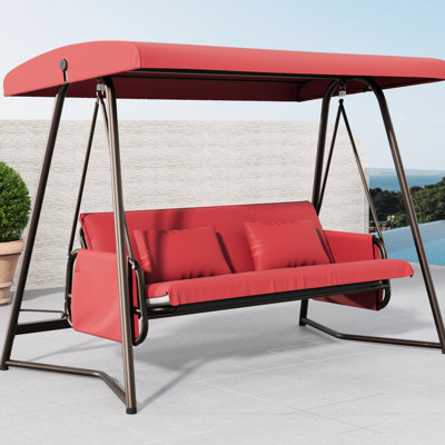 Balancelle d'extérieur 3 en rouge. Cadre en métal antirouille, résistant aux intempéries. Siège en tissu imperméable et respirant. Auvent réglable. Convertible en lit. Coussin, système stable. Assemblage
