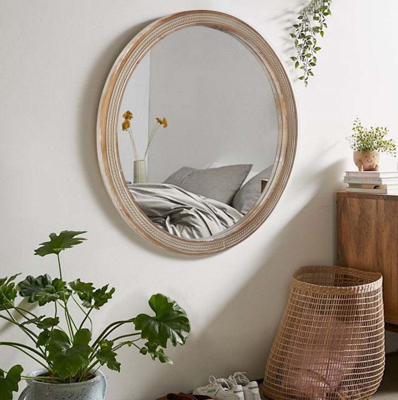 Miroir mural rond rond avec cadre en rotin tissé (23,62 po), miroir décoratif rustique moderne pour salle de bain / meuble-lavabo / salon (conception murale facile)