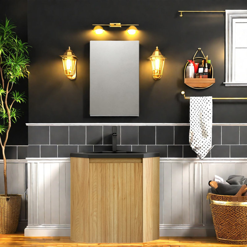Meuble-lavabo moderne à faible encombrement, lavabo en résine, grain de bois noir, utilisation en coin