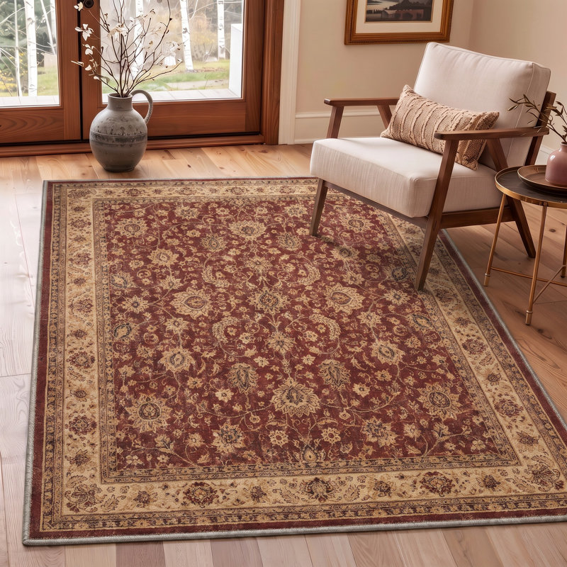 Tapis traditionnel oriental rouge / beige performance à poils courts et antidérapant, Rectangle 8' x 10'