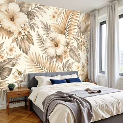 Papier peint adhésif auto-adhésif moderne pour la chambre à coucher à motif de feuilles de palmier à motif hibiscus tropical rétro L 69 po x l 96 po Peel and Stick