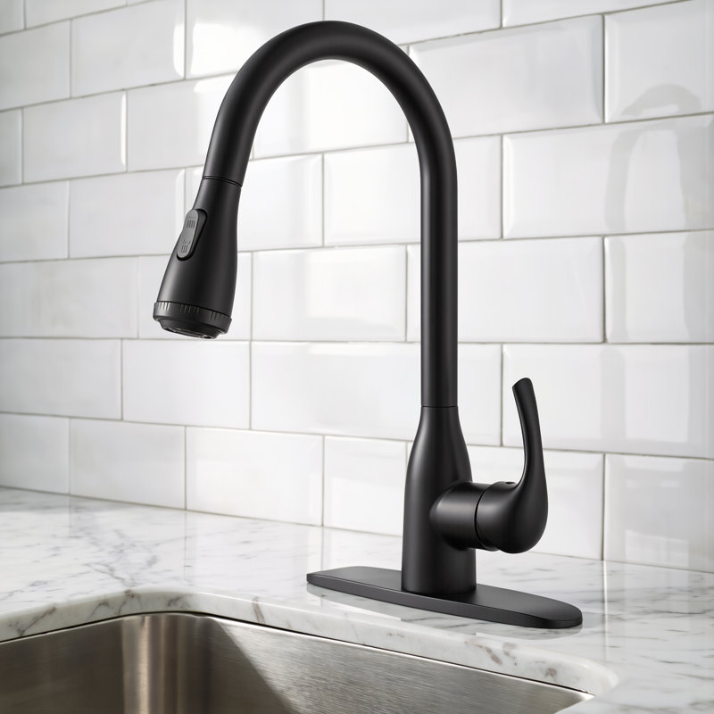 Matte Black High-Arc Kitchen Pull-Out Faucet, Single Handle, Four Water Flow Settings, Stainless Steel Body With Pull-Out Spray Head.