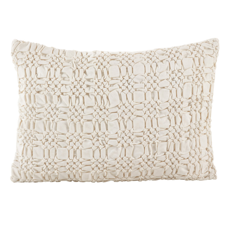 Ivory Cotton Smocked Design Rectangular Throw Pillow