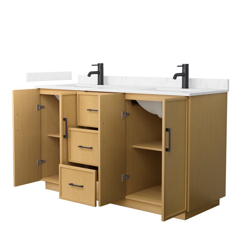 Meuble-lavabo double 60 po Elan TK, Marbre de culture de Carrare, Beige, Noir mat