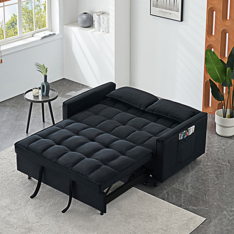 Canapé-lit rembourré avec coussin et poches, Velours noir