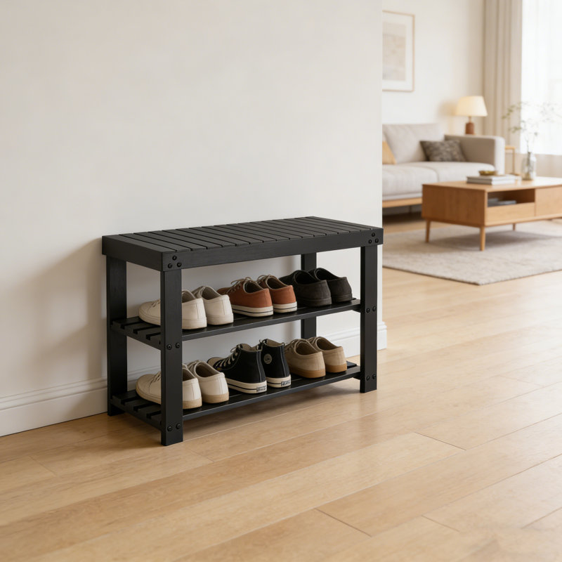 Bamboo Shoe Bench With 3-Tier Storage, Black