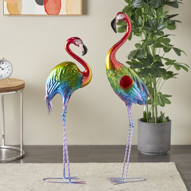 Grande sculpture de jardin arc-en-ciel multicolore en métal texturé flamant rose, ensemble de 2