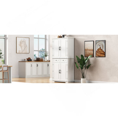 71" Tall Kitchen Pantry Cabinet With 3 Pull Out Cabinet Organizers, Farmhouse Embossed Texture Storage Cabinet With 6 Door Shelves, 2 Drawers, Freestanding Cupboard For Kitchen, Dining Room White