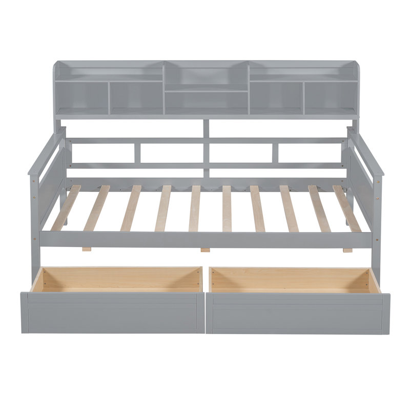 Lit de jour, support en lattes de bois, avec tablettes de chevet et deux tiroirs, Lit simple, Gris