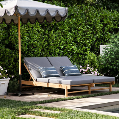 Lioressa Modern Coastal Acacia Wood Double Chaise Lounger with Adjustable Backrests & Water-Repellent Cushions
