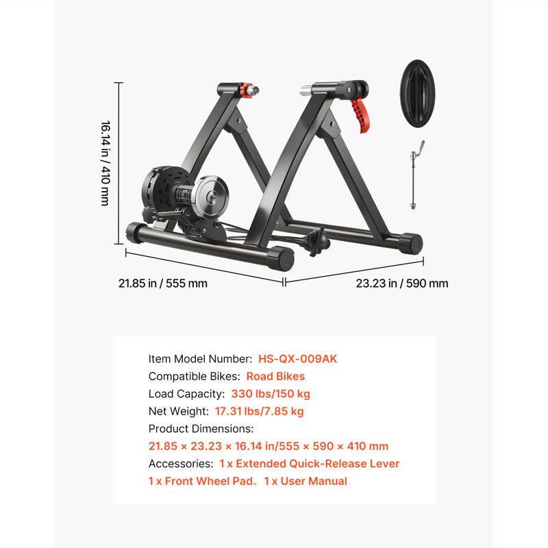Entraîneur de vélo, résistance à 6 niveaux, roues de 26 à 29 po et 700C, support stationnaire magnétique pliable pour vélo d'intérieur avec brochette à dégagement rapide et bloc de rehausse de roue avant pour vélos de route