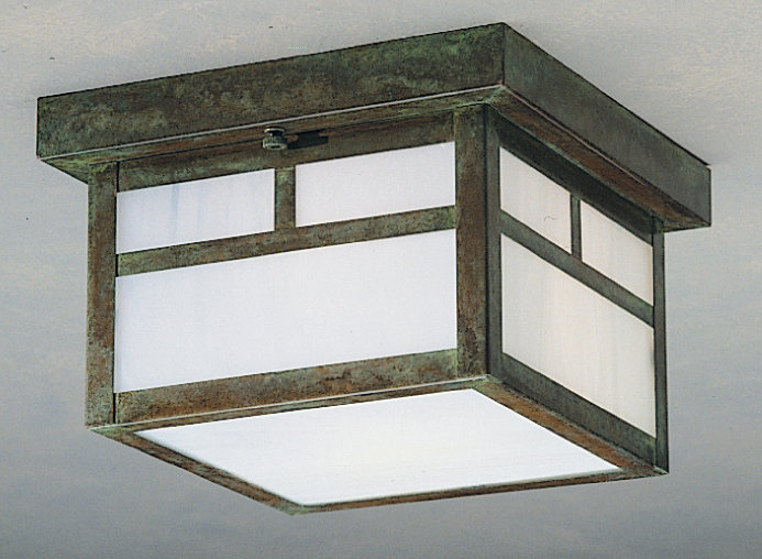 Mission 2 - Light Flush Mount, 7.25" H x 12" W / Empty, Verdigris Patina, White Opalescent
