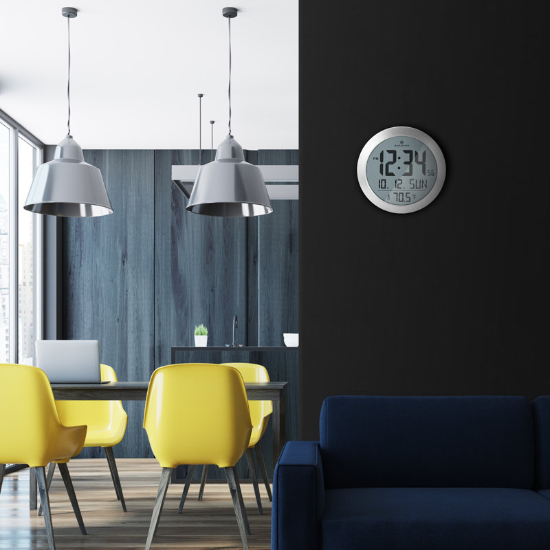 8 Inch Round Digital Wall Clock with Date & Indoor Temperature, Silver