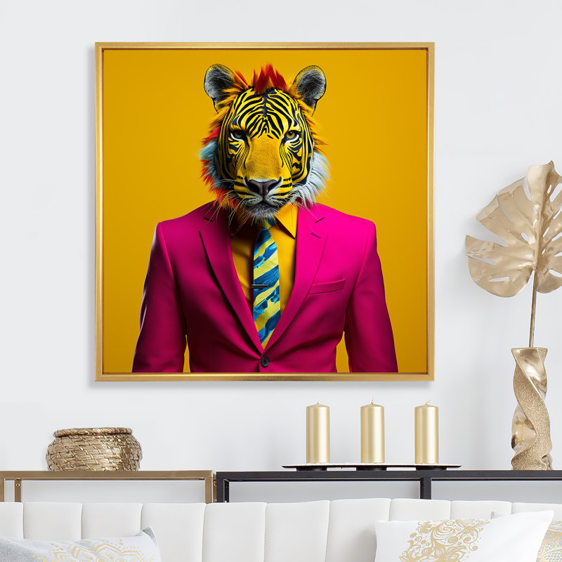 Rose avec tigre - art mural tigre, Cadre flottant doré, H 16 po x l 16 po x P 1 po