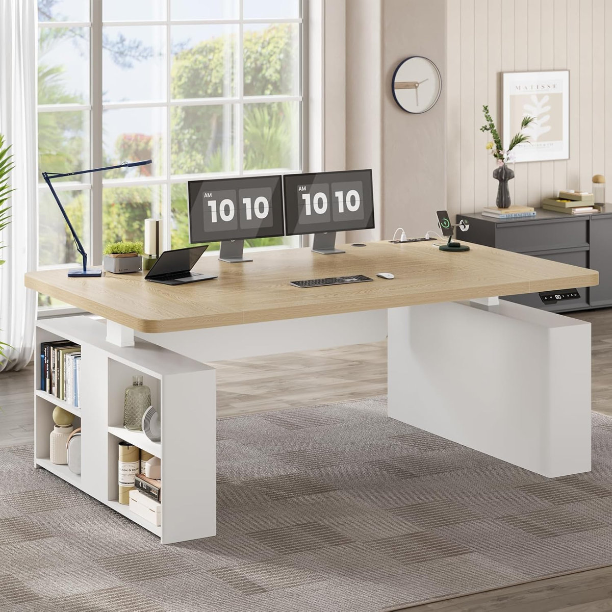 Ebern Designs 62.3" W Height Adjustable Standing Desk with Outlets (Natural Oak/White)
