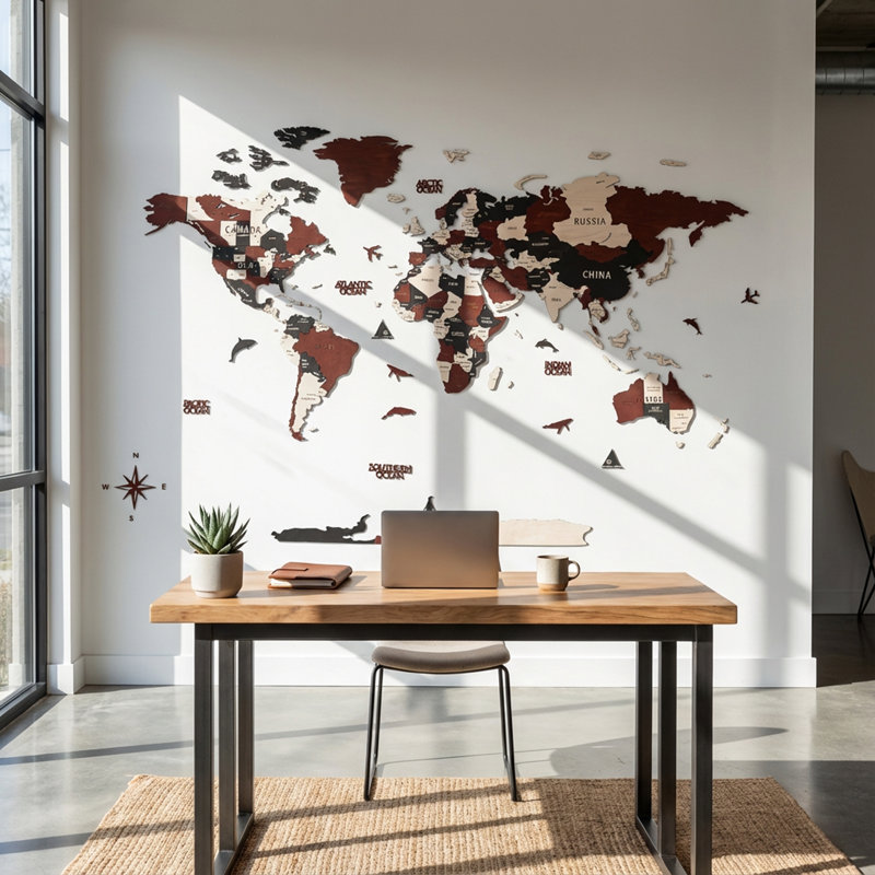 Carte 3D du monde en bois avec punaises, H 31,5 po x l 59,1 po x P 1 po, Bourgogne