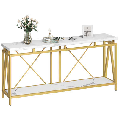 70.9" Marble Veined Table Top 2-Tier Console Table Sofa Table with Open Storage and LED Light