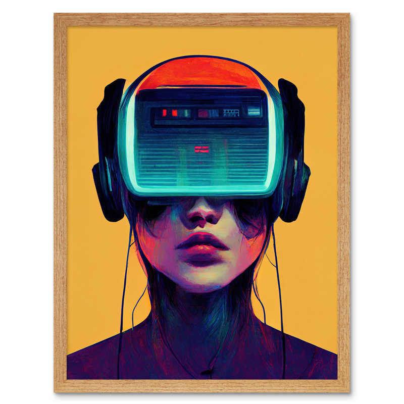 Gamer Gaming VR Videogame Headset Woman - Print, Light Brown Framed Paper, 43cm H x 33cm W x 2cm D