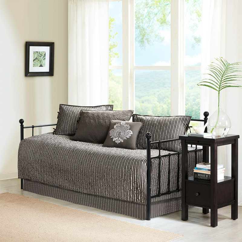 Housse de lit de jour réversible - gris foncé, 6 pièces, rembourrage en coton, pour matelas simple, livrée avec housse, taies décoratives, coussin décoratif 6 rembourrage gris, taille appropriée, comprend