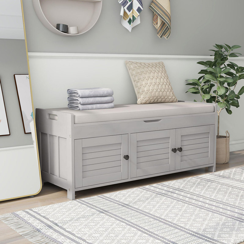 Banc de rangement avec 3 portes en forme de volet, banc à chaussures avec coussin amovible et espace de rangement caché (gris délavé, ancien SKU: WF284226AAE)