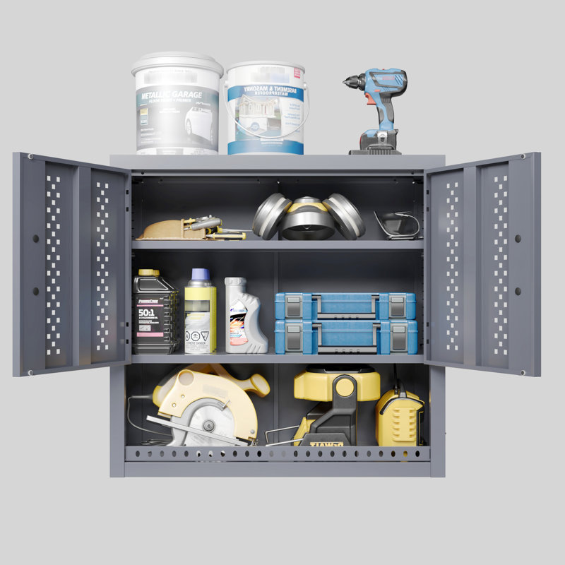 Armoire de rangement murale grise de 31,21 po de hauteur avec porte, armoire à outils flottante, tablettes amovibles, mouvement de charnière précis en acier pour cuisines, sous-sols, entrepôts, assemblage rapide,